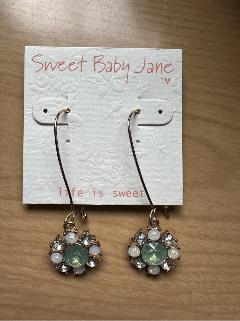 NEW Sweet Baby Jane Flower Dangle Earrings Mint Crystal Gold Colored Hook 2in